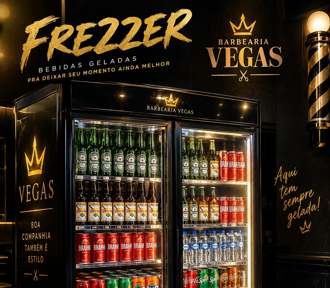Freezer de bebidas da Barbearia Vegas com cervejas, refrigerantes e águas
